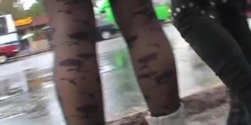 Fancy hose upskirt at bus stop