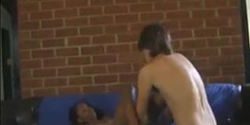 Shaved black teen taking white dick in her ass