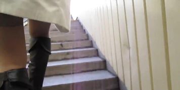 Girl Black Boots and Tan Stockings Upskirt