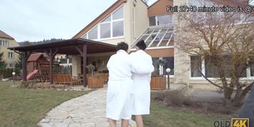 OLD4K. Old man is here to penetrate girls trimmed pussy by the pool
