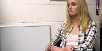 Blonde thief squirts in the back office