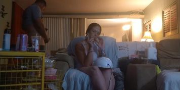 Roommate masturbating to hot girl in minidress painting her nails and watching tv