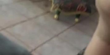 Big booty step sis walks around the house in thong 