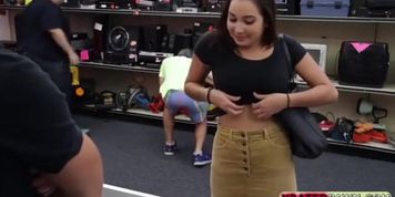 Brunette Student Fucked inside the pawn shop office while she is selling her Collection