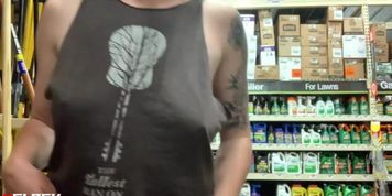 Punk girl does selfie tit drop in store