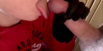 A girl in black gloves fills her mouth with my sperm