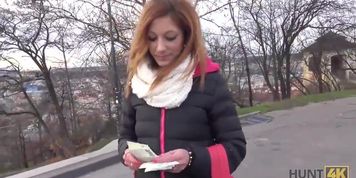 HUNT4K. The flirtatious girl Jenifer Red with the beautiful piercing is ready to screw for money