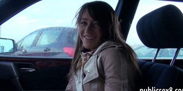 Bushy Eurobabe gets fucked by stranger in the car for cash