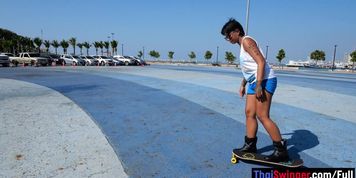 Skateboarding fail of big butt Thai MILF who fucks at home after