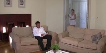 Nympho blonde giving a blowjob to her father in law