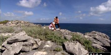 Two guys fuck hot Nikki outdoors (Nikki Sun)