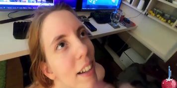 Can't work because my hot girlfriend is giving me a blowjob with cum dripping down her cute face