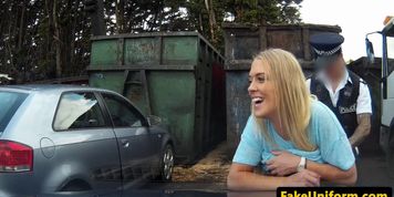 FAKE UNIFORM - Busty British babe spreads pussy for officer