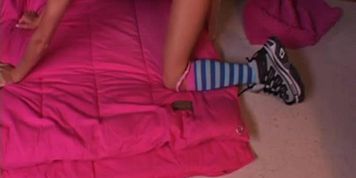 Whoa! Blonde Tiny Teen Fucks Dildo Suctioned to Bunk Bed