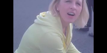 Blonde smiles into cam flashing the hot downblouse (Into My)