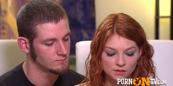Sexy ginger joins a wild orgy to swap and screw infront of her man with someone else.