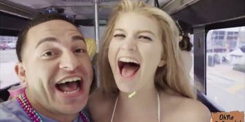 Blonde Arya Fae stripshows in a bus full of wild coeds