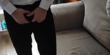 Chubby teen guy in white shirt undressing and showing his bulge