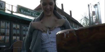 Hot Brunette Amateur Girl - Public Sex Wearing Chunky Grey Cardigan