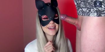 Cute classmate learns to suck cock, gets cum in her mouth and swallows it. First time blowjob
