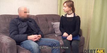 DEBT4k. Hung bank employee agrees to leave girl alone if they have sex (Eva Abel, Olga Shkabarnya)