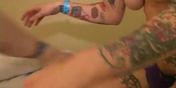 Two tattooed cuties dildo screw like crazy ladies