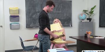 Blonde schoolgirl with incredible body gags on dick and gets fucked in classroom