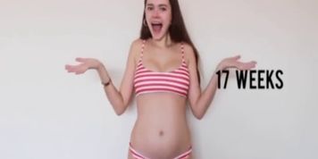 Pregnant Girl with Big Baby Bump and Striped Bikini Belly Progression