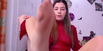 Shy girl Spitting and licking in Hot Nylon Tan pantyhose Feet