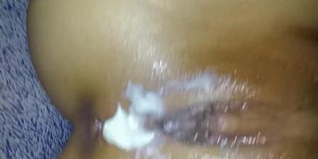 Massive cream pie from tiny asian pussy, covers fat white dick - RealAsian