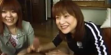 Subtitled Japanese CFNM femdom duo with handjob cumshot