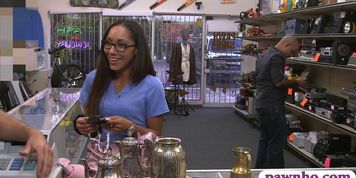 Babe with glasses pounded by pawn dude for some money