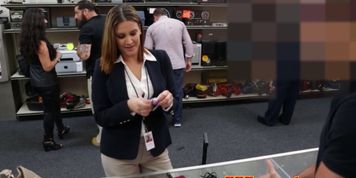 Busty pawnshop milf sucking out back of store