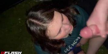 Cumming on fat slut&rsquo;s face in public