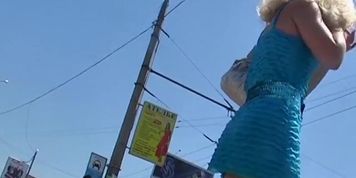 Golden-Haired in blue upskirts