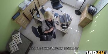VIP4K. Nice young lady gives a head and spreads her legs in the lending office