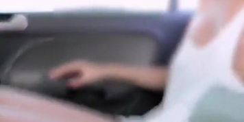 Tanned boobie poked out in a car
