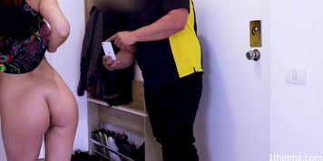 delivery guy gets a handjob tip from horny customer (Delivery Man)
