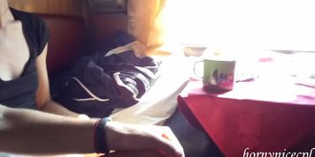 Wife's Public Risky Handjob In Train While Traveling