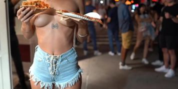 Eating Pizza And Flashing Boobs On The Street