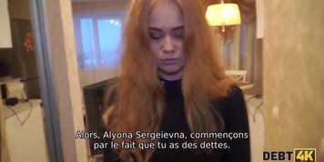 Debt4k. Redhead Knows How To Calm Loan Officer By Having Sex