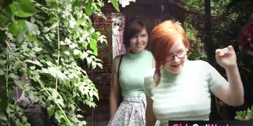 GIRLS OUT WEST - Cute hairy lesbians lick each other outdoors