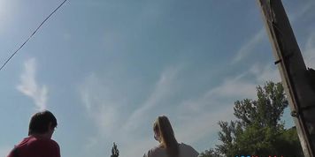 Golden-Haired upskirt video with strings