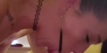 Choking deepthroat slut takes load down her mouth and gags