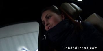 Busty teen flash tits and grab cock in car to stranger