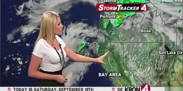 Weather commentator in skintight white tee shirt