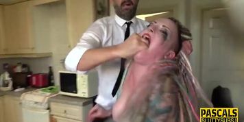 Dominated tattooed busty slut deep throats (Pascal White)