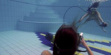 Nude swimming pool casting of Adeline Gauthier with a lesbian
