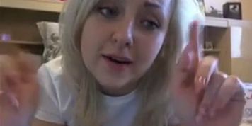Cute blonde stuffs a double dildo in her pussy and bates