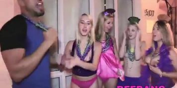 Blonde amateur BFFs having a wonderful orgy for Mardi Gras